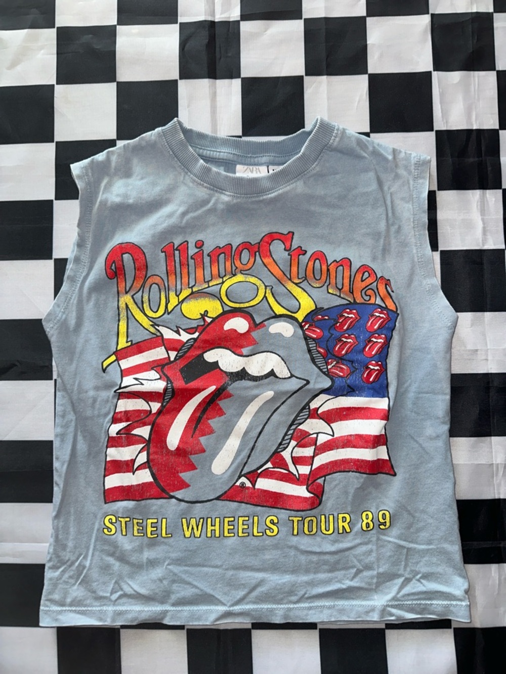 Zara Boys Light Blue Rolling Stones Rock Band American Flag July 4th Tank 6-7